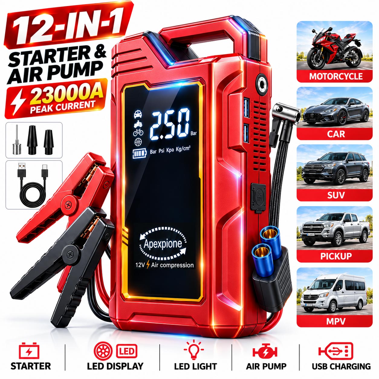 Portable Air Compressor 12V Digital - High Peak Portable Car Emergency Starter